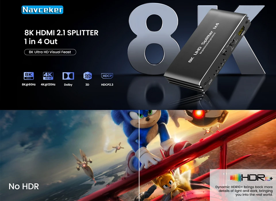 8K 60Hz Splitter HDMI 4 Outputs 4K 120Hz HDR HDMI 2.1 Splitter 1 In 4 Out Screen