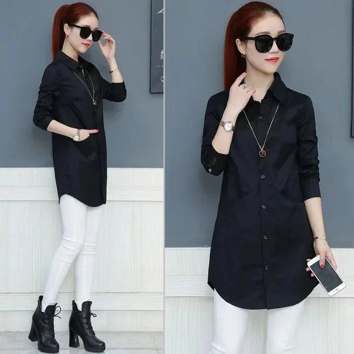 חולצת פולו באורך בינוני עם שרוולים ארוכים וצווארון לנשים עם כיסים, סגנון חדש לאביב ולסתיו, טופ נשים רב-תכליתי