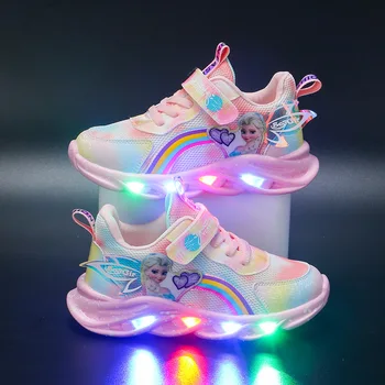 Scarpe Casual da ragazza Disney luci a Led Mesh traspirante sport per bambini principessa Elsa scarpe viola rosa Sneakers taglia 22-37 1