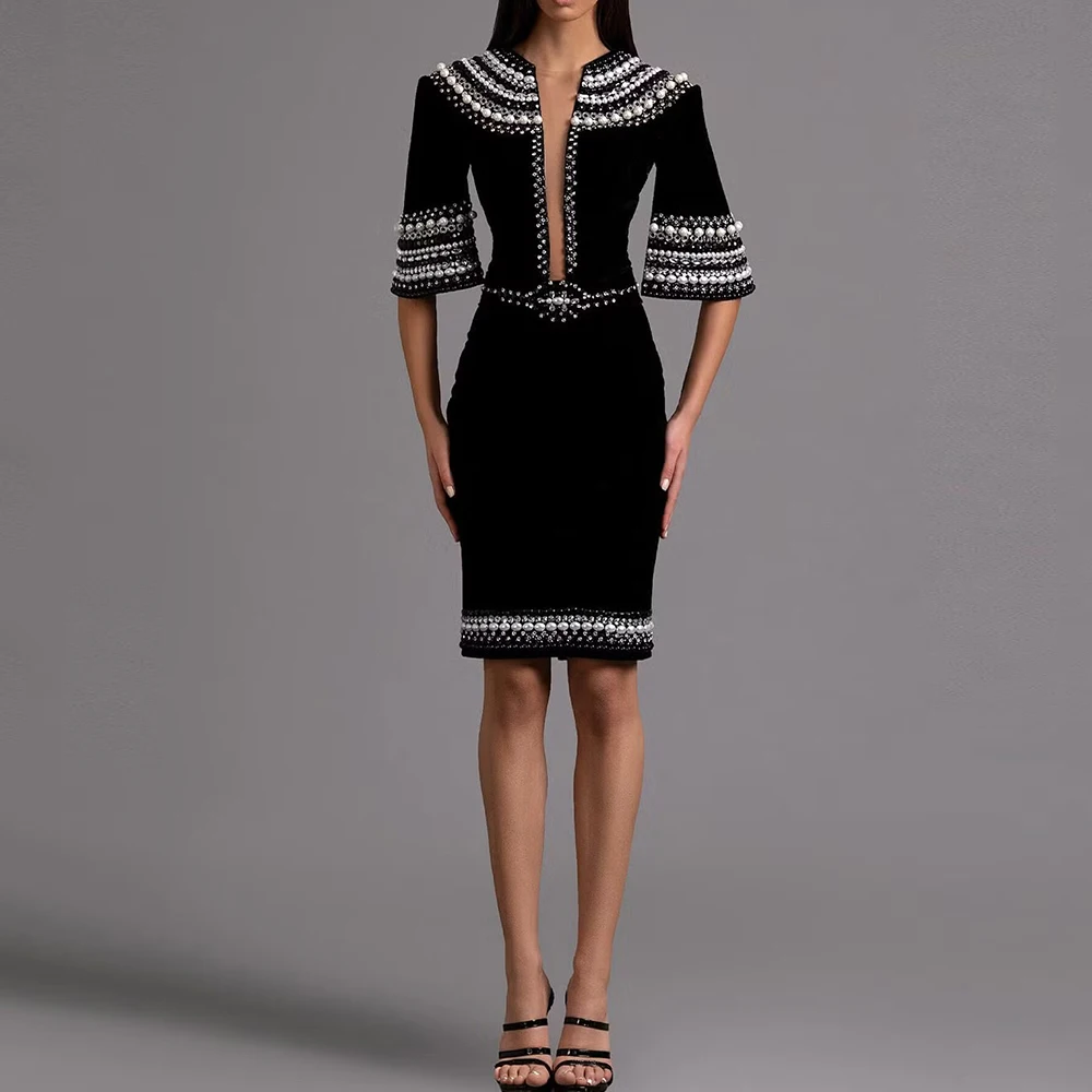 

Luxury Handmade Beading Evening Dress O-Neck Half Flare Sleeves Knee-Length Sheath Women Velvet Custom Made Party Event Gowns