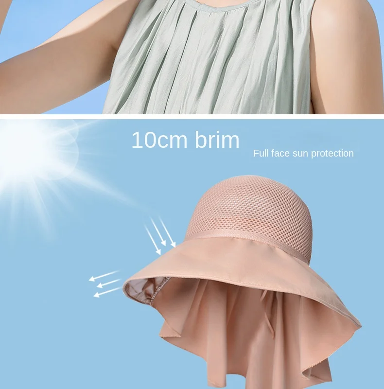Sommerhut für Damen, mit Schal, leicht, atmungsaktiv, Netzstoff, Gesichts- und Nackenschutz, Sonnenhut mit Schleife, Falten-Design, für Reisen und Strand_voghion.com