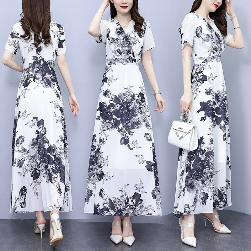 

Лето 2023, Новая женская длинная юбка с короткими рукавами и сверхтонким V-образным вырезом, шифоновое платье с принтом.