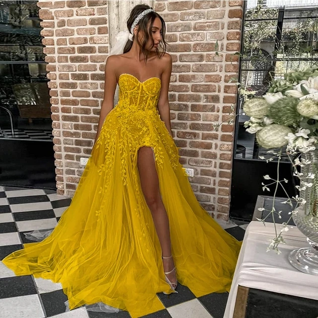 Elegant A-Line Side Slit Sleeveless Wedding Dresses Tulle Appliques Floor Length Strapless Zipper Ball Bridal Gowns 2022 New Photo Color