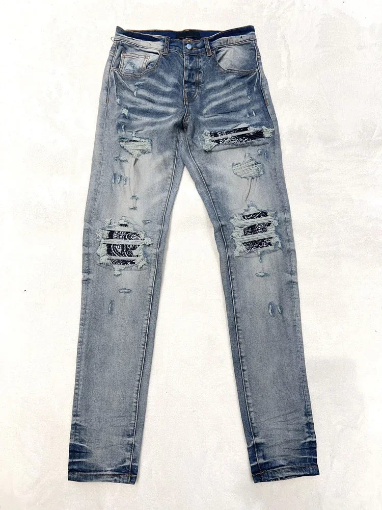 

Streetwear Fashion Jeans for Men AM New Arrival Cashew Patchwork Denim Pant Hiphop Male Slim Stretch Ripped Denim Pencil Trouser