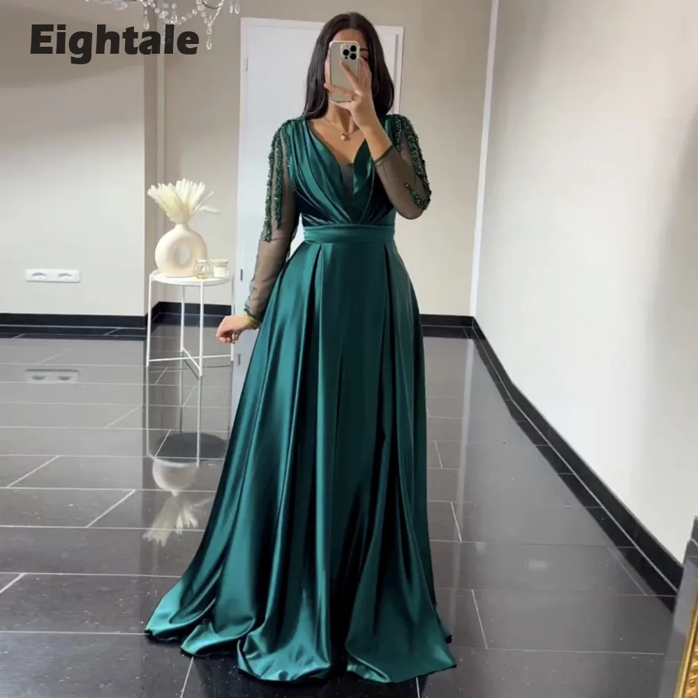 Eightale Emerald Green Evening Dresses Black V-Neck Beaded - Main Image