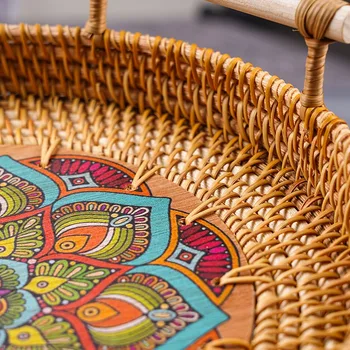 Round Rattan Serving Tray with Handles Coffee Table Decorative Tray Hand Woven Serving Basket Double Ear Bread Fruit Picnic Tray 3