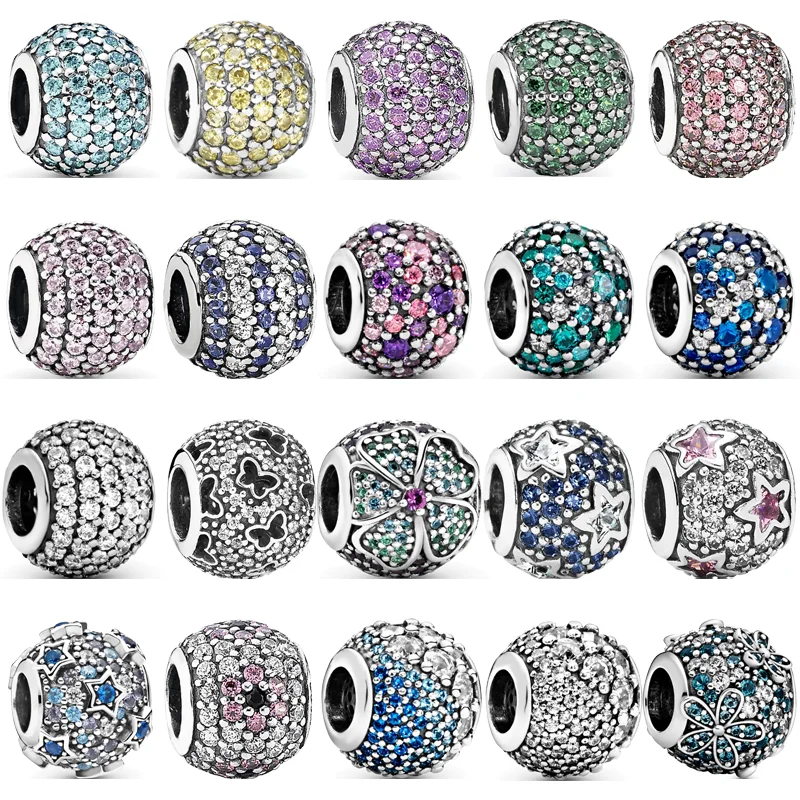 New 925 Silver Stars Butterfly Flower Pave Zircon Sparkling DIY Beads Fit Original Pandora Charms Bracelet Necklace Fine Jewelry 100% 925 sterling silver 12 months year colorful zircon sparkling hollow beads fit original pandora charms bracelet fine jewelry