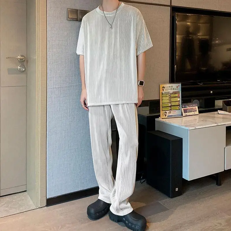 

Men's Clothes Two Piece Sets Short Sleeve O Neck T-shirts And Drawstring Ice Silk trousers Pleated Solid Sports Casual Outfits