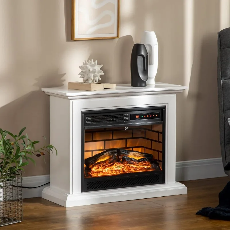 31" Electric Fireplace with Dimmable Flame Effect and Mantel, Freestanding Space Heater with Log Hearth and Remote Control, 2