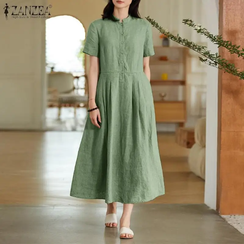 ZANZEA Chic Linen Shirt Dresses Casual Solid Long Maxi Dress