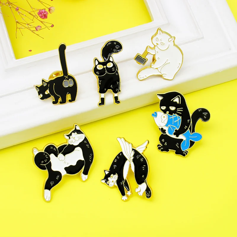 

Cartoon Black Cat White Cat Enamel Pins Sad Angry Angel Puss in Boots Funny Cat Brooches Badges Lapel Shirt Jewelry Accessories