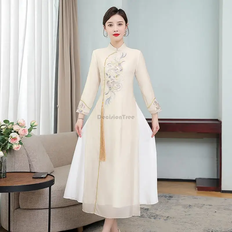

2023 chinese style improved ao dai qipao dress new national style traditional improved collared embroidery flower tea dress