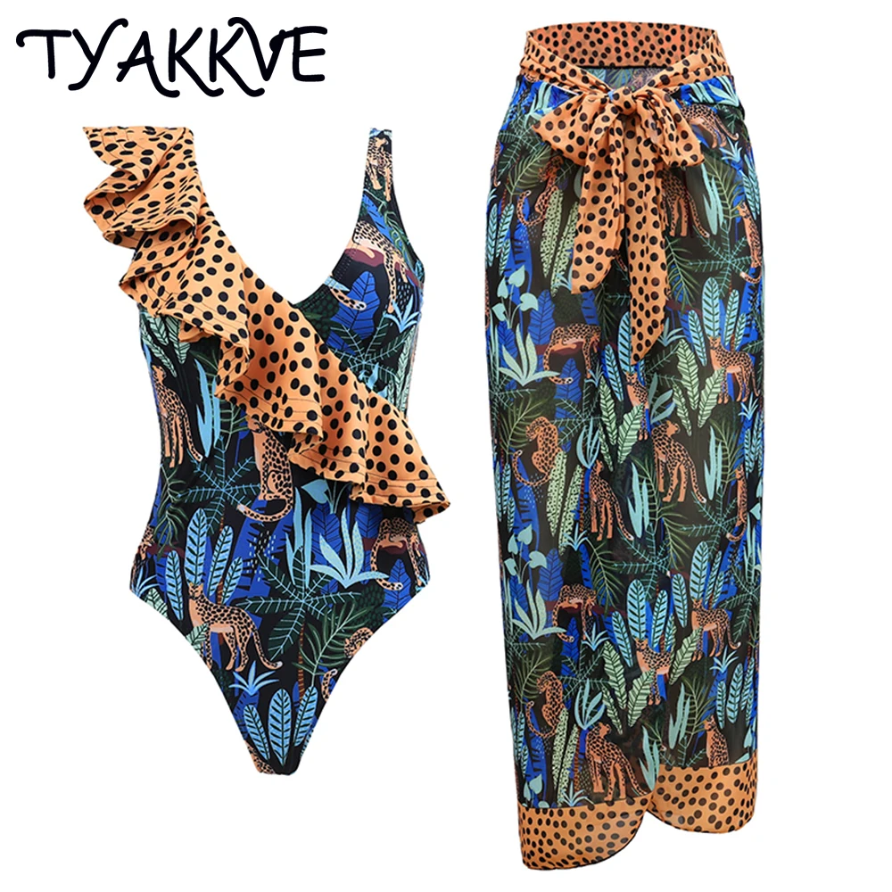 

TYAKKVE 2024 Sexy Female Retro Ruffle Swimsuit & Skirt Asymmetrical Holiday Beach Dress Designer Bathing Suit Summer Surf Wear