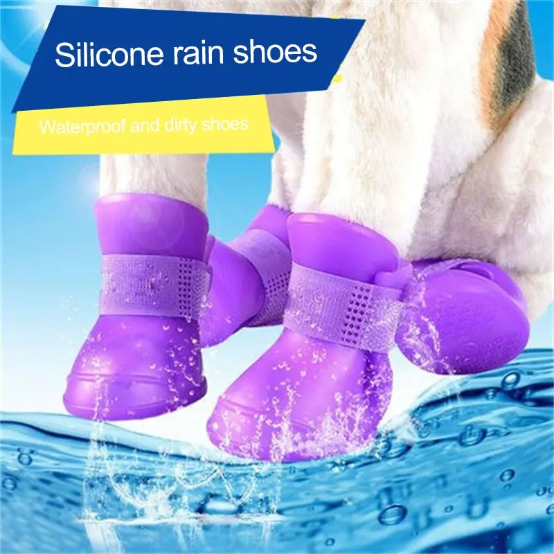 GreenandPurple4pcsSetSmallPetDogRainShoesAntiSlipWaterproof