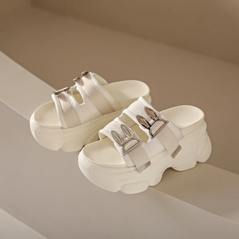 

New Women 2023 Summer Platform Sandals Beige Thick Bottom Slippers Woman 8.5CM High Heels Fashion Open Toe Outdoor Beach Slides
