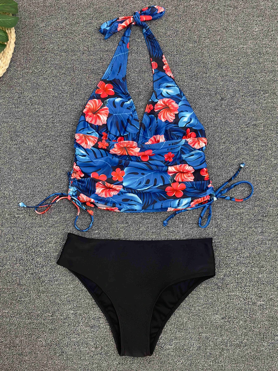 Floral Halter Swimsuit Women Two Pieces Swim String Printed Swimwear Female Bathers Bathing Swimming Suit Beachwear