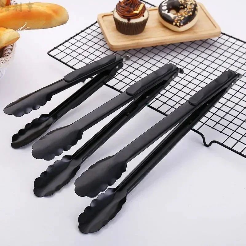 9/12/14 Inch Stainless Steel Food Tongs Barbecue Black Tong Bread BBQ Salad Tongs
