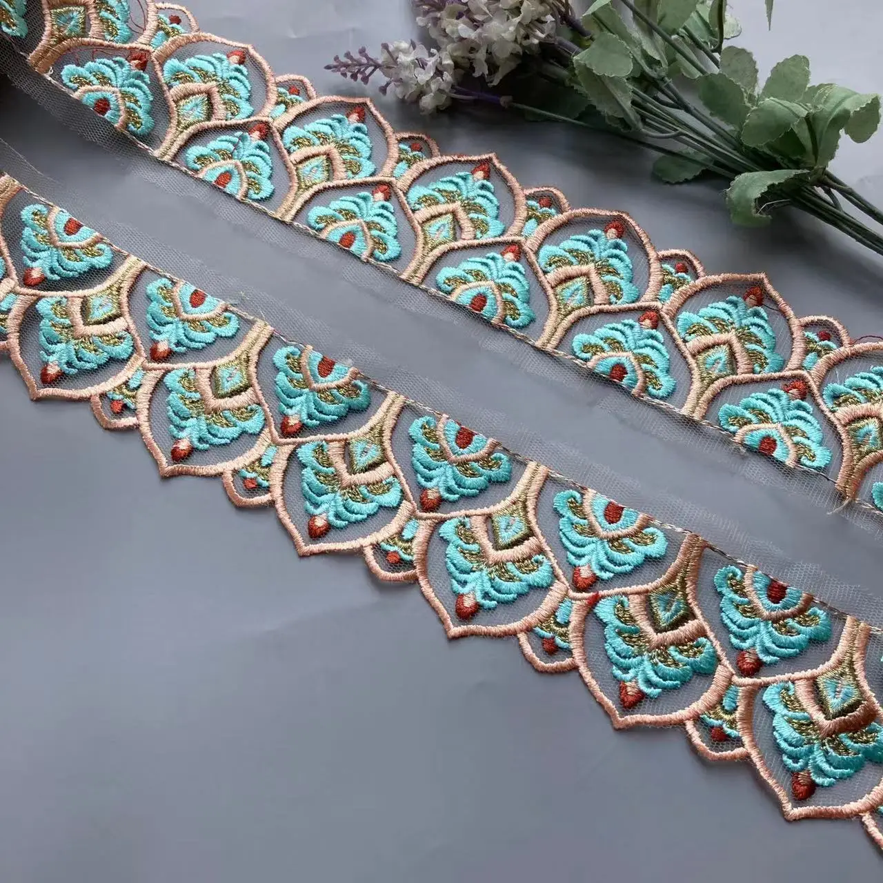 1 Yards 5.8cm Retro Blue Sequins Gold Thread Lace Trims Webbing Embroideried Ribbons Fabric for Dress Bag DIY Sewing Accessories