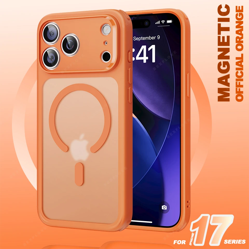 Orange Magnetic Translucent Matte Phone Case with Camera Glass Protector and Magsafe Compatibility