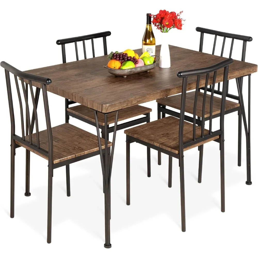 5-Piece Metal and Wood Indoor Modern Rectangular Dining Table Furniture Set for Kitchen, Dining Room, Dinette