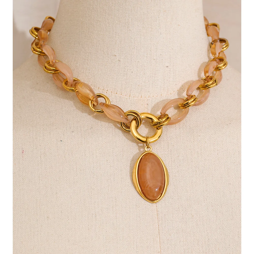 Yhpup Handmade Chain Oval Pendant Necklace 18K Golden PVD Plated