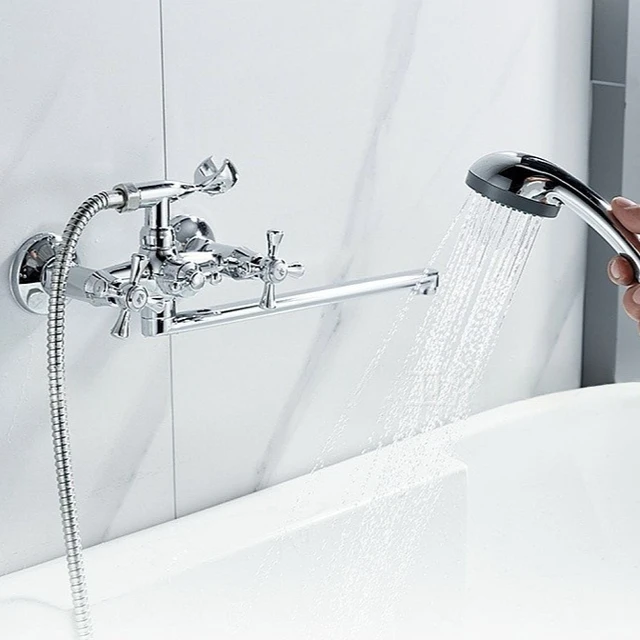 ก๊อกผสมอ่างอาบน้ำโครเมียมพร้อมฝักบัว ก๊อกอ่างอาบน้ำแบบยาว ก๊อกผสมอ่างอาบน้ำแบบสองมือจับ วาล์วผสมฝักบัวอ่างอาบน้ำ ก๊อกน้ำห้องน้ำในครัวเรือน 6