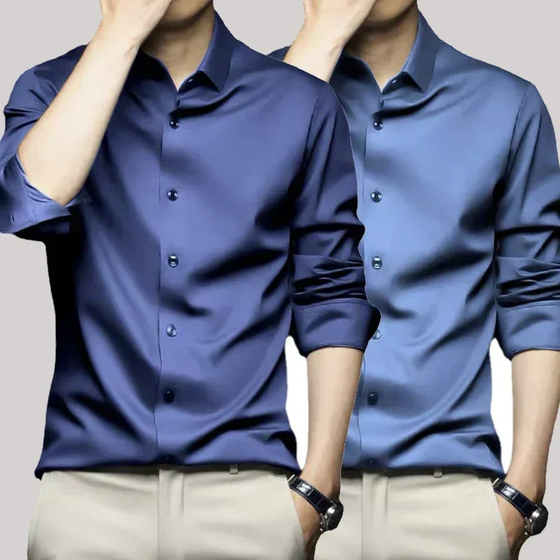 S-6XL Men's Long Sleeve Shirt Pure Ice Silk Glossy Wrinkle Resistant Business Dress Casual