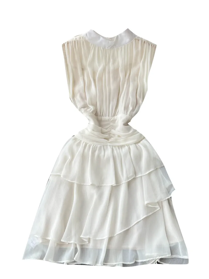 

ssTss Women Elegant Summer White Dress 2024 New Fashion Stand Collar Sleeveless High Waist A-Line Ruffles Mini Party Dress