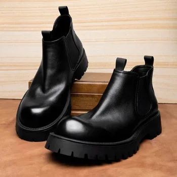 Handmade Thick Soled Chelsea Boots Men Shoes British Casual Height Increasing Motorcycle Cowhide Work Boots Male Genuine Leather