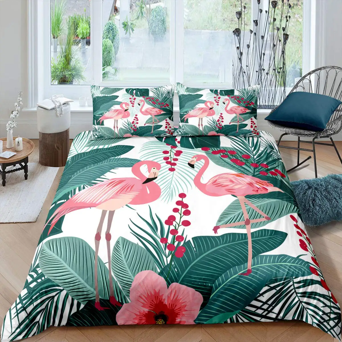 

Pink Flamingo Comforter Cover Green Palm Leaves Printed Bedding Set Duvet Cover for Teen Boys Girls Women Full Queen King Size