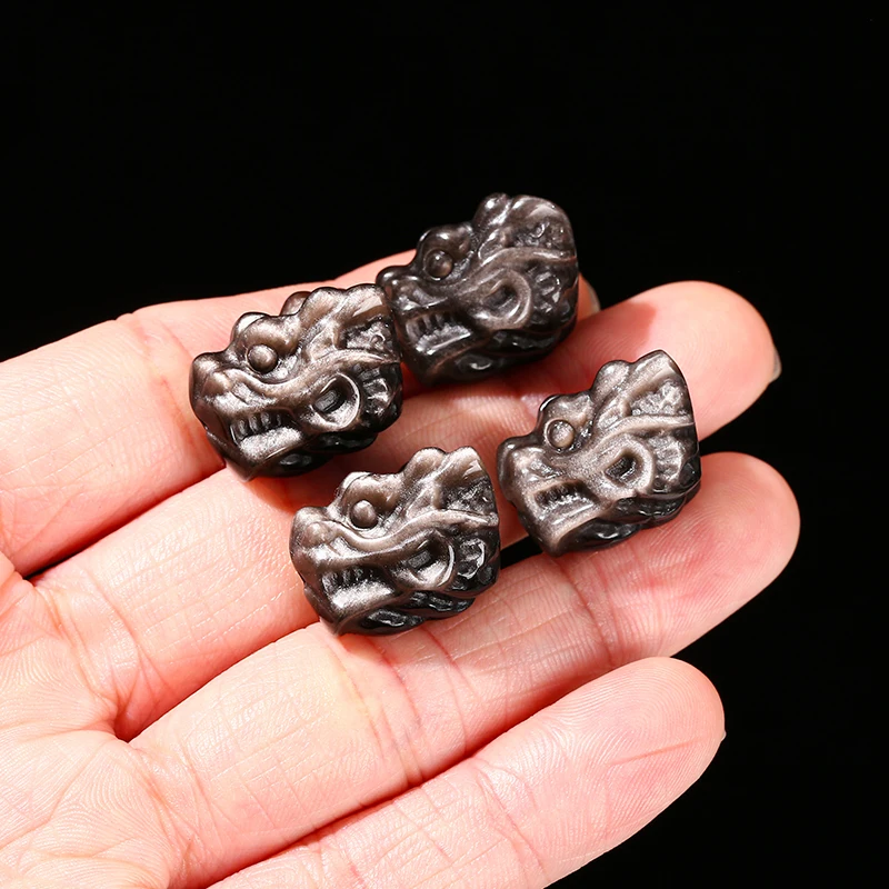 1 Pc 天然石シルバー黒曜石彫刻ドラゴンヘッドビーズジュエリー