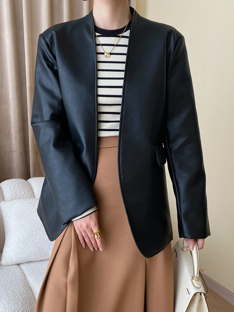 

Elegant V-neck Blazer Leather Jacket for Women Spring Autumn 2023 Trend Simple Solid Casual Mid-length PU Leather Coat