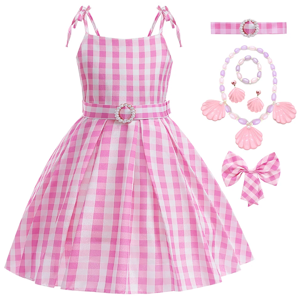 

New 2023 Pink Plaid Girl Princess Dress Children's Party Prom Halloween Cosplay Costume Sweet Belt Dress+Accessories
