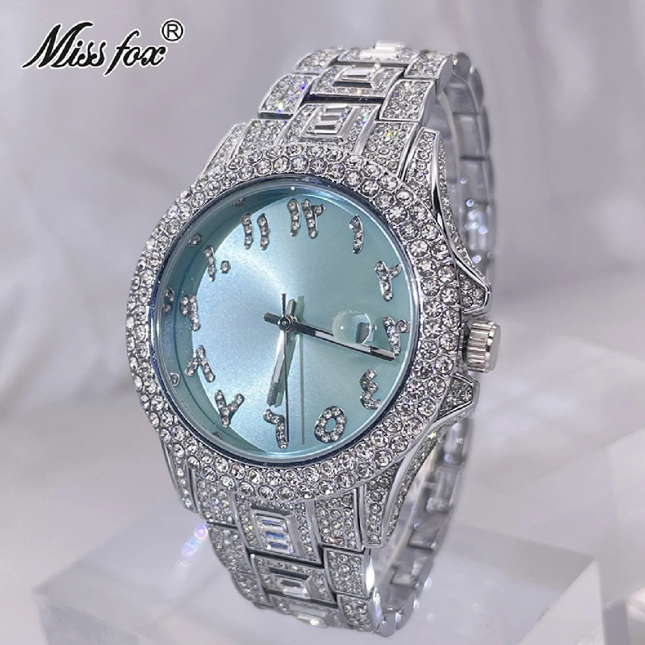 

MISSFOX Hip Hop Arabic Numbers Quartz Men Watch Luxury Silver Blue Full Diamond Male Clock Fashion Round Waterproof WristWatches