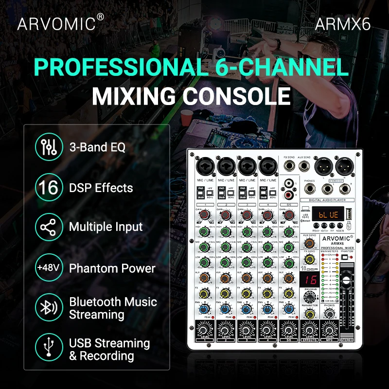USB 오디오 인터페이스가 있는 ARVOMIC DJ 믹서, 6 채널 오디오 믹서, 블루투스 기능, 16 DSP 효과, 3 밴드 EQ (ARMX-6)