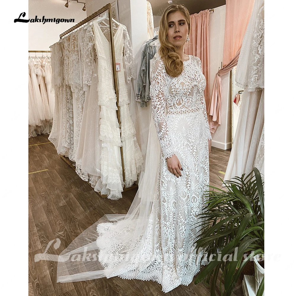 Lakshmigown Lace Long Sleeve Wedding Dresses A Line Customized Robes Sexy Bridal Receipt Beach Boho Wedding Gowns backless 3