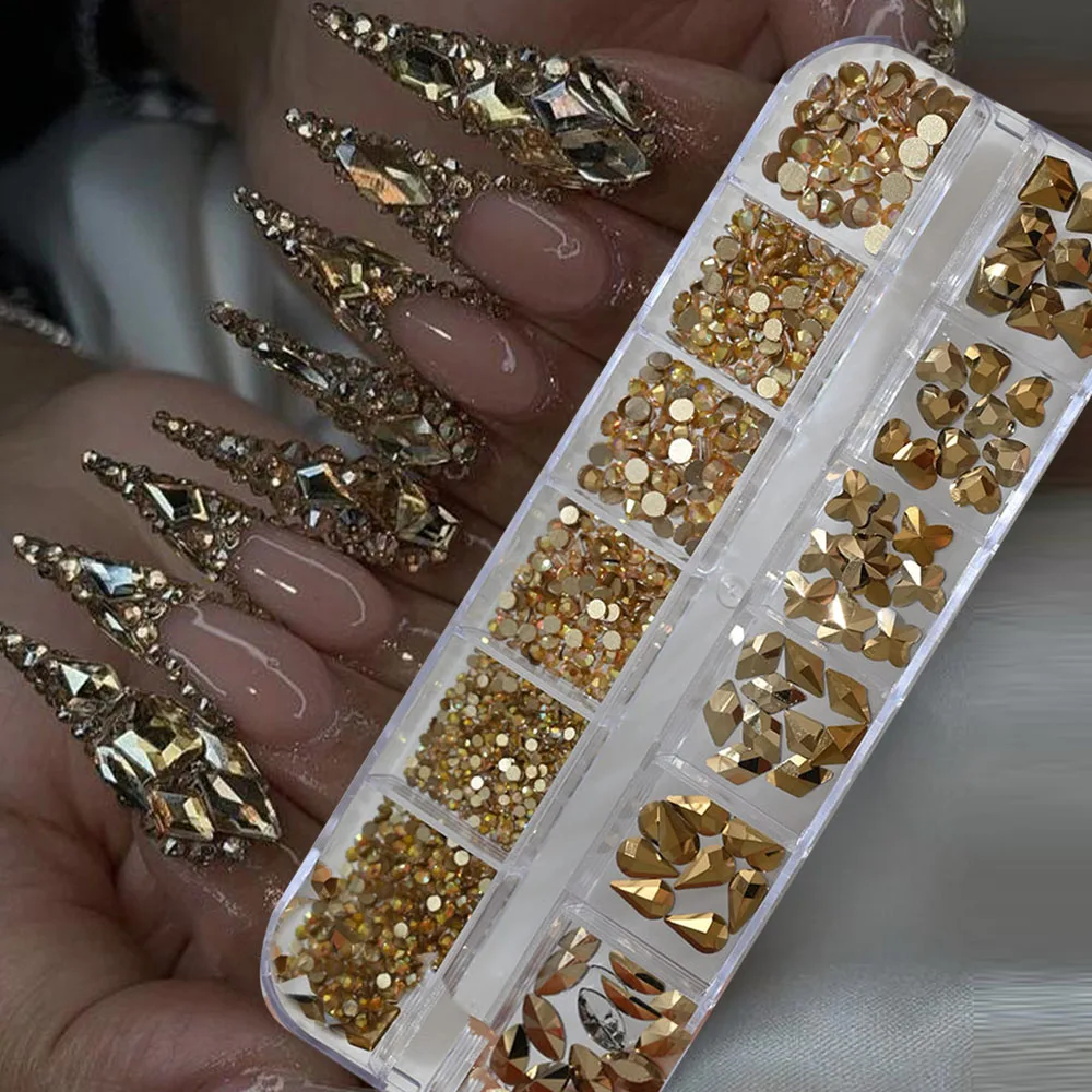

Goldern Multi-Shape Boxed-12 Grids Nail Rhinestone(Butterfly/Water-drop/Horse Eye)Flat Back Gold Diamond Luxury Manicure Crystal
