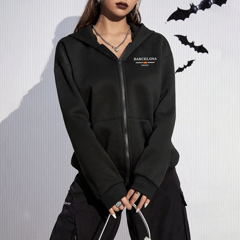 Autumn Winter Female Daily Casual Sport Coat 2025 New Arrival Woman Zipper Hoodie High Quality Barcelona Print Hooded Sweatshirt