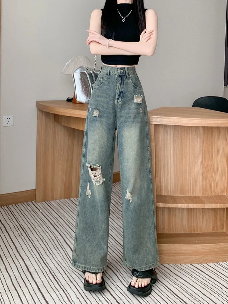 

Retro do old broken holes jeans female summer new washed high waist loose versatile casual wide-legged drag pants tide