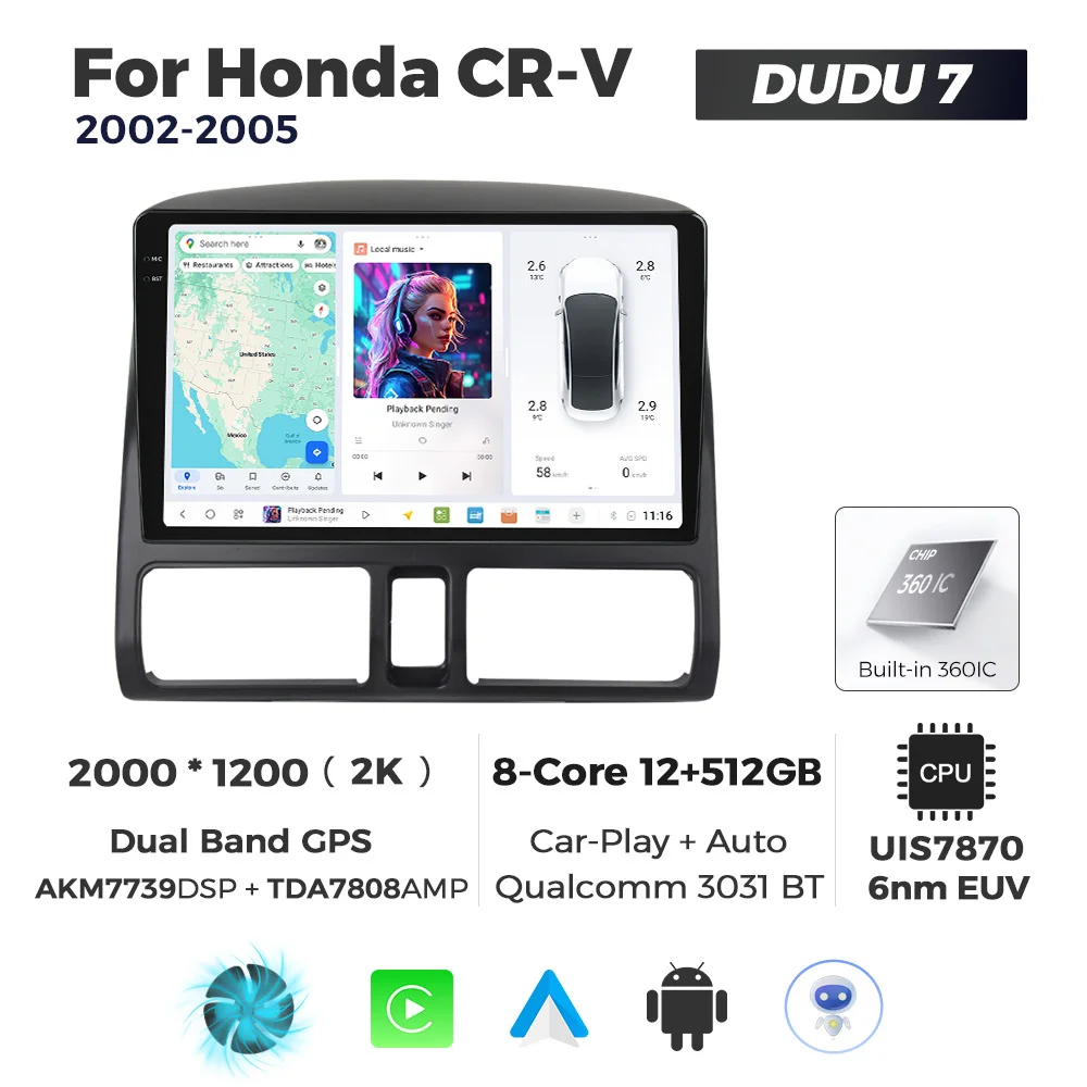 ZJZ MEKEDE 카플레이 안드로이드 오토 2k QLED 스크린 DUDU7 12+512G 라디오 카 라디오 스테레오 혼다 CRV 2002-2005용
