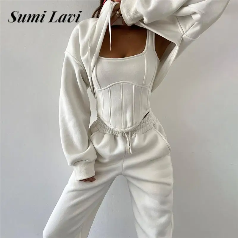 

Autumn Winter Vest+Long Sleeve Sweatshirt+Bandage Pants Set Women's Casual Hoodie 3 Piece Outfits Female Solid Color Tracksuits