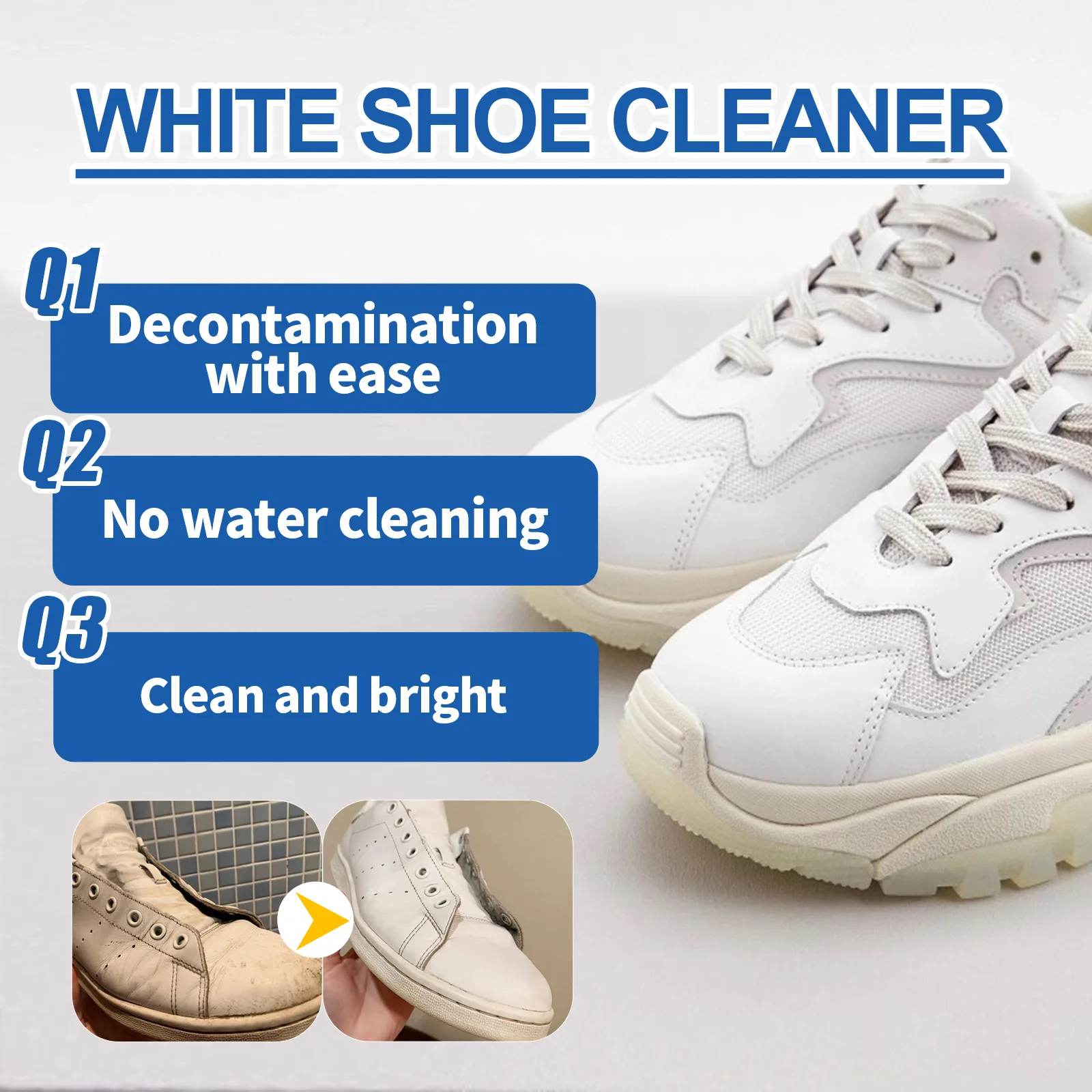 White Shoes Cleaner No-Rinse Sneaker Cleaner Remove Dirt Stain Whitening Shoe Detergent with Brush for Leather Knit Canvas Suede