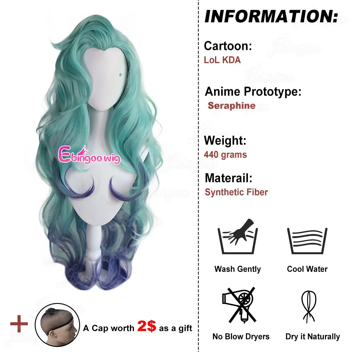 Ebingoo Synthetic Wig Game LOL KDA Seraphine Cosplay Wig Gradient Long High Temperature Resistance Hair Wigs For Hollaween Party image_2