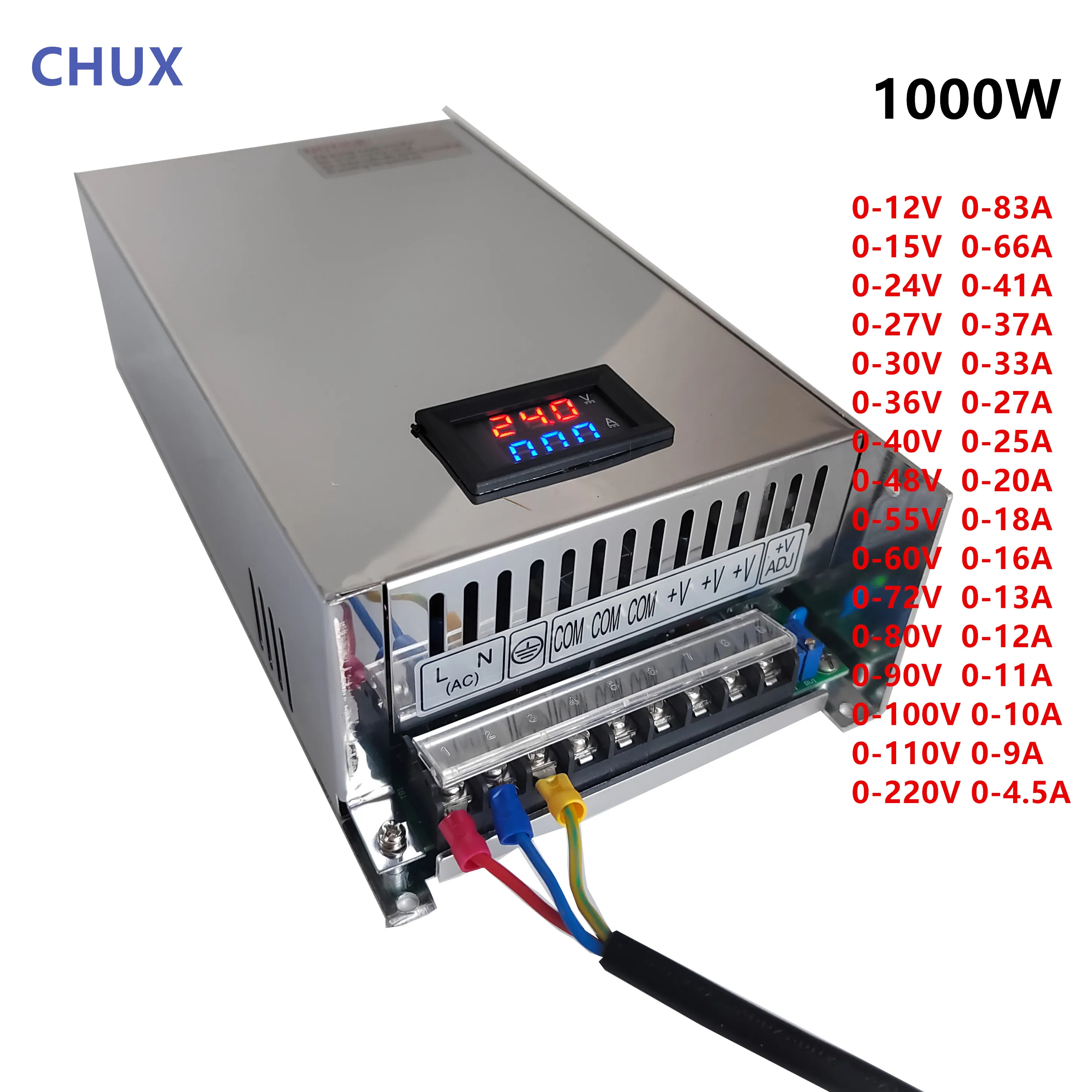 

CHUX 1000W Adjustable Switching Power Supply With Display 12V 15V 24V 27V 36V 40V 48V 55V 60V 72V 80V 90V 100V 110V 220V DC SMPS