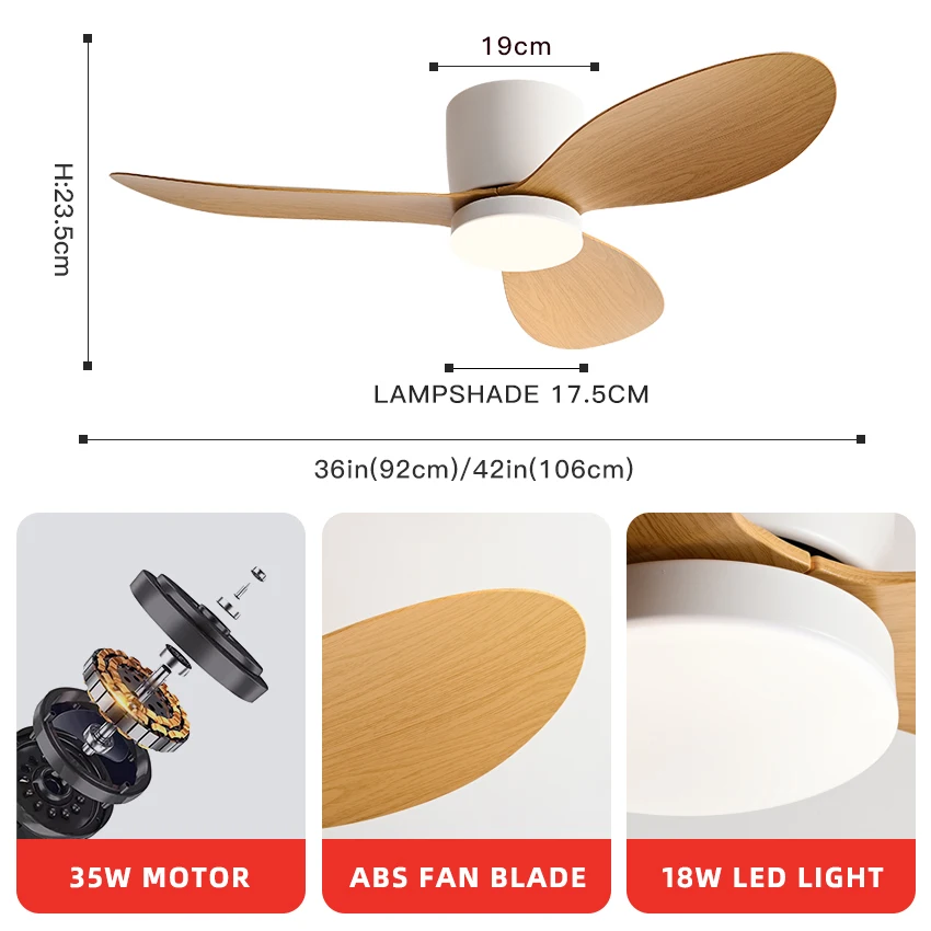 Modern Ceiling Fan w/Light 6-Speed DC Motor Remote 3-Color Dimmable 18W 36/42 Inch for Bedroom/Living Room