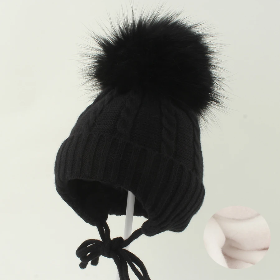 Winter Baby Hat Echte Fell Pompon Beanie Nette Motorhaube Fleece Futter Ohr Schutz Jungen Mädchen Kappe Warme Häkeln Hut Für kinder – Detail 13