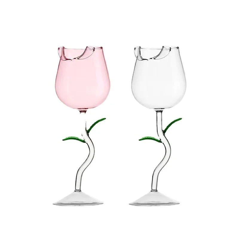 Elegant Rose-Shaped Wine Glasses with Colored Leaves