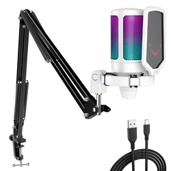 FIFINE RGB USB Gaming Microphone Kit with Mute Button and Arm Stand (WHITE)