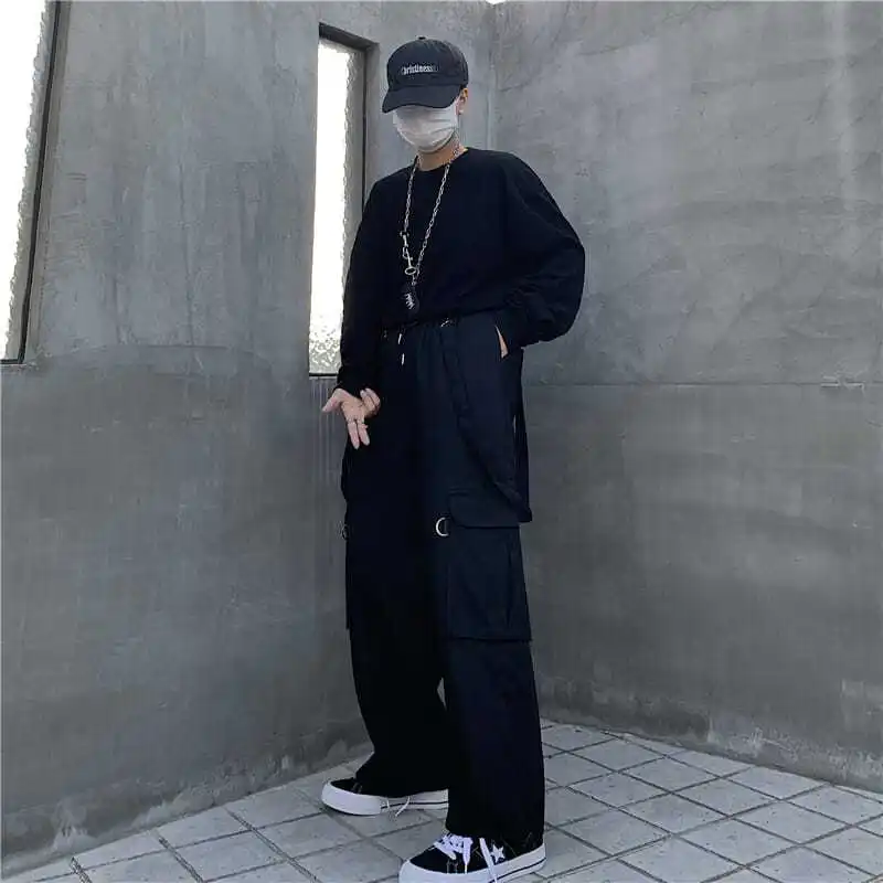 Solid Color Casual Pants Men's Overalls Safari Style Straight Elastic Waist Ankle Length Jogger Pants Cargo Pants
