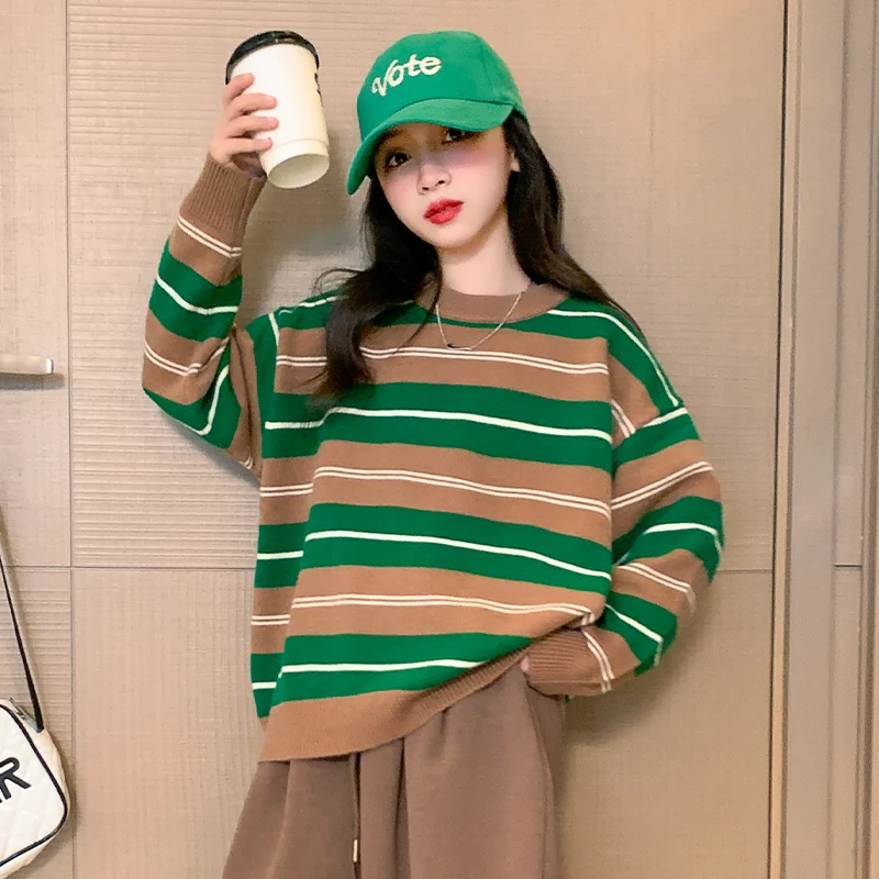 

New Girls Stripe Sweater Autumn Winter Loose Long Sleeve Pullover Tops Korean Teen Kids Knitted Color Contrast Sweaters Clothes